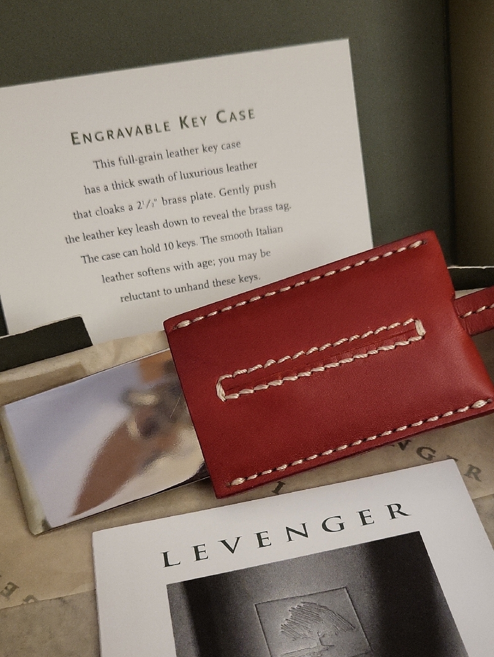 Levenger Red Leather Key & Card Holder with Contrast Stitching. Engravable2